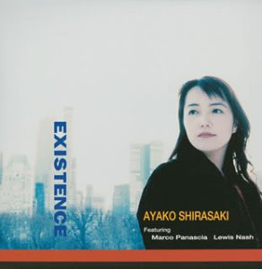 Cover of Ayako Shirasaki's album Existence: a portrait of the pianist in profile against a hazy blue Manhattan skyline
