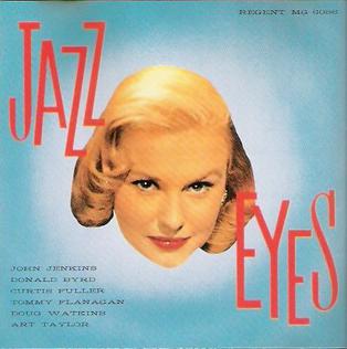 Front cover of the 1957 Regent LP Jazz Eyes: a stock photograph of a blonde woman's face floating on a pale blue field, the title in red, the six musicians listed in small type