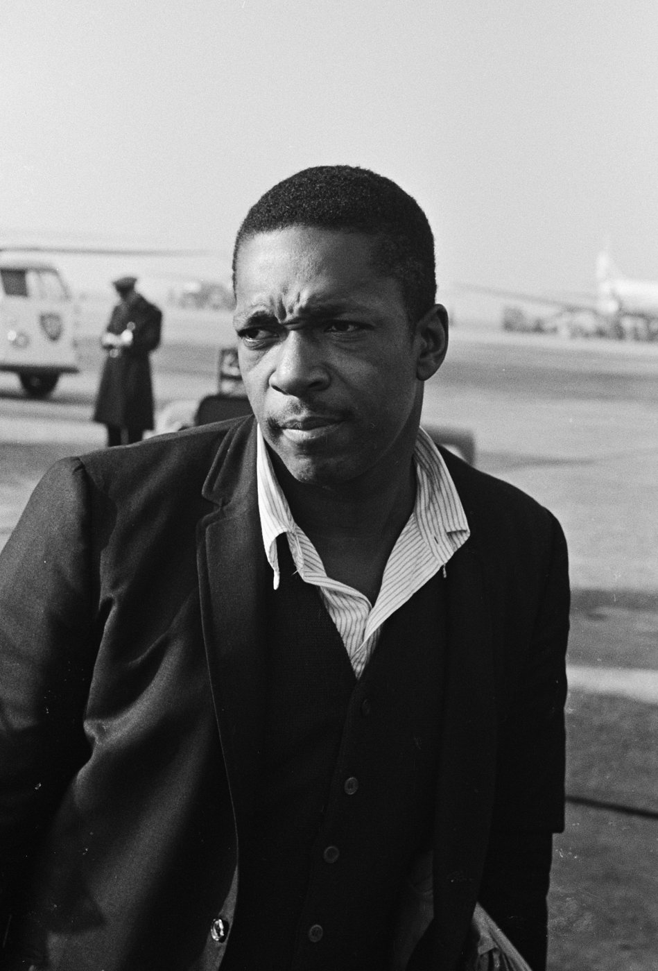 John Coltrane arriving at Schiphol Airport, Netherlands, October 1963
